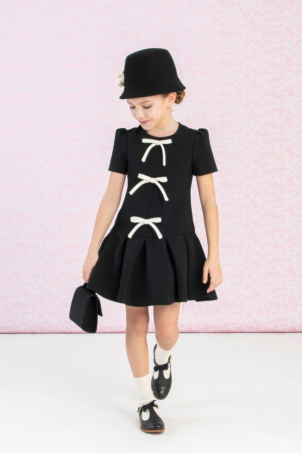 Black with White Bows Pleated Crepe Long Length Dress