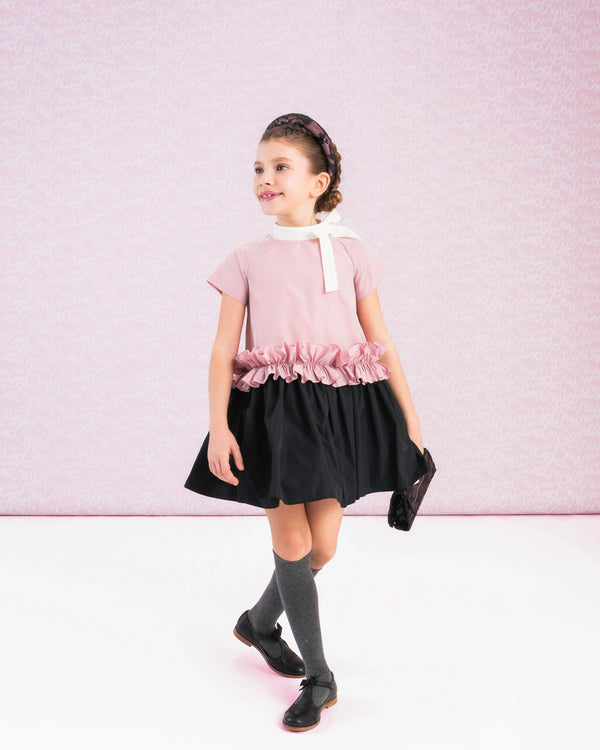 Pink and Black Ruffled Taffeta Long Length Dress