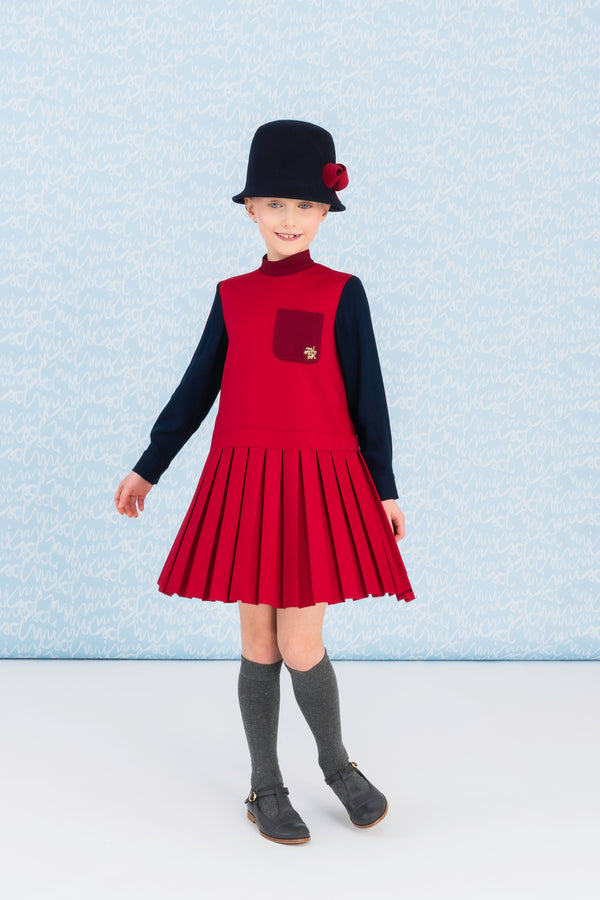 Red and Blue Pleated Twill Dress
