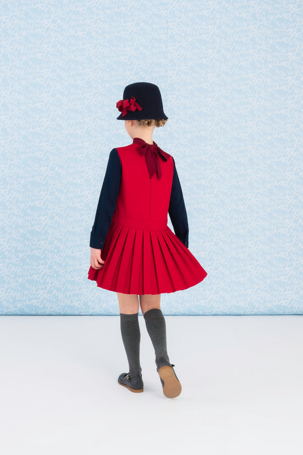 Red and Blue Pleated Twill Dress