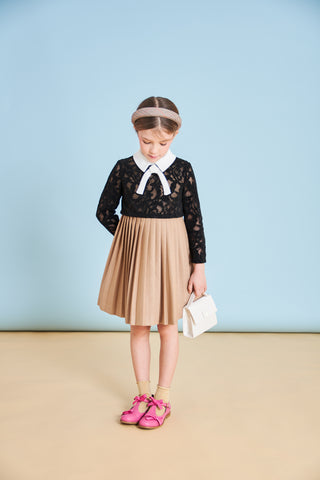 Black Lace and Camel Pleated Long Length Dress