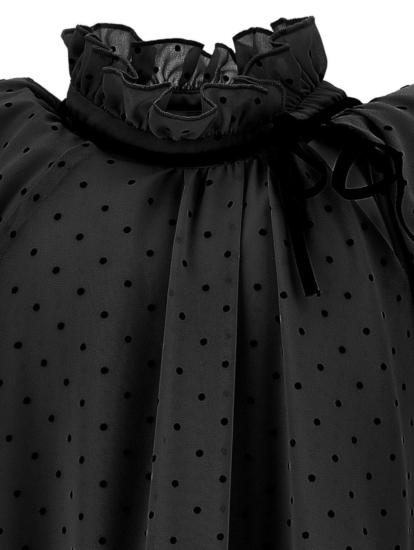 Black Polka Dot High Neck Ruffle Dress