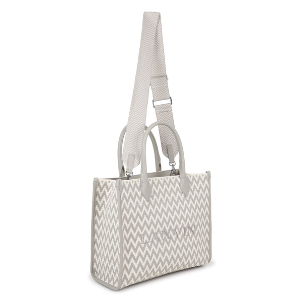 Off White and Beige Herringbone Shopper Tote