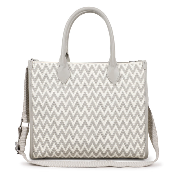 Off White and Beige Herringbone Shopper Tote