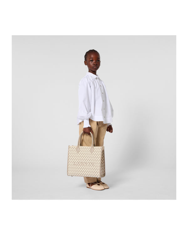 Off White and Beige Herringbone Shopper Tote
