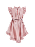 Pink Metallic Ruffle Trim Belted Dress