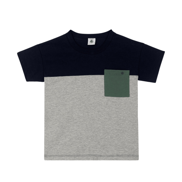 Navy and Grey Short Sleeve Color Block Tee with Pocket