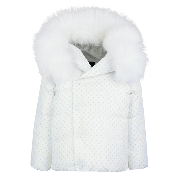 White with Blue Print Winter Coat