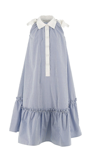 White and Blue Striped Poplin Midi Sleeveless Dress