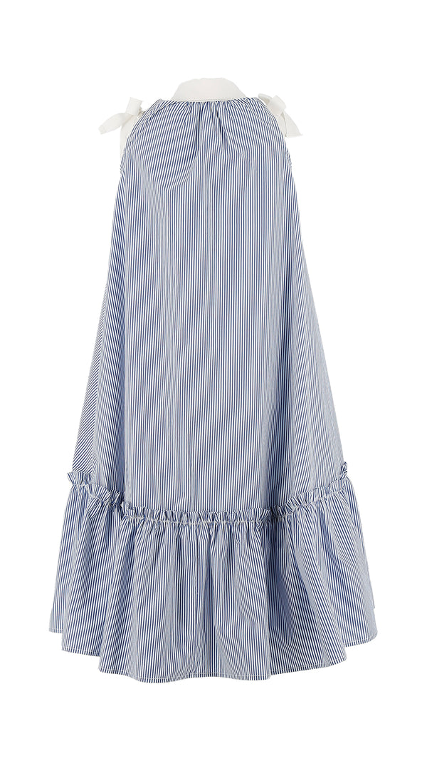 White and Blue Striped Poplin Midi Sleeveless Dress