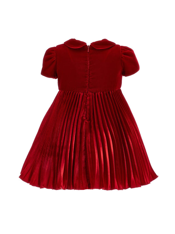 Red Velvet Rose Waist Pleated Dress