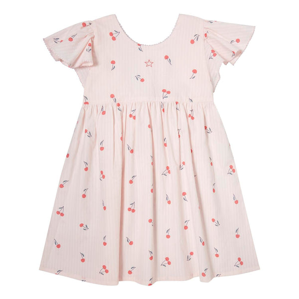 Pale Prink Ruffle Sleeve Cherry Print Dress