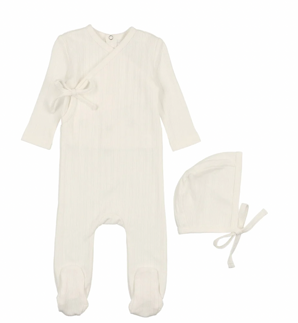 CCB Ivory Side Tie Pointelle Footie with Bonnet