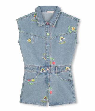 Denim Shortall with Flower Embroidery