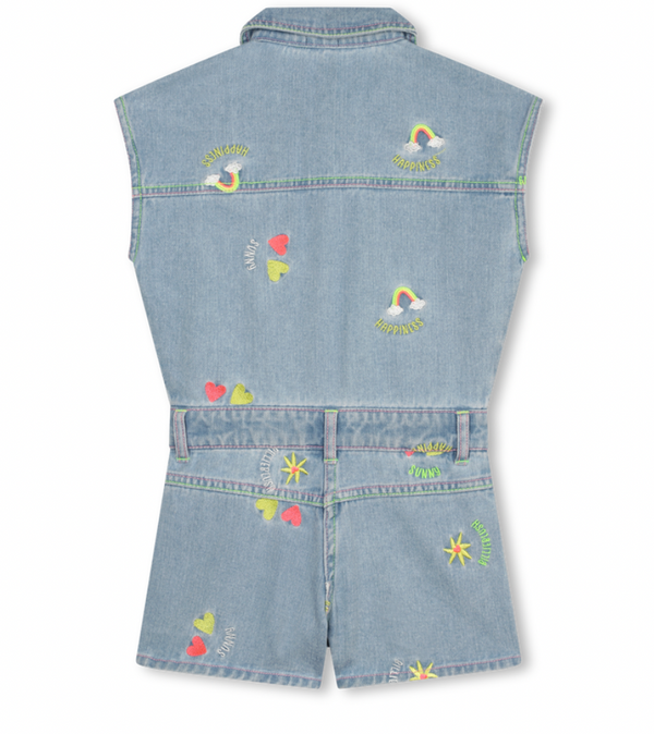 Denim Shortall with Flower Embroidery