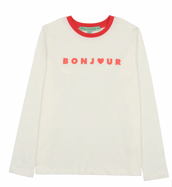 White with Red Heart Bonjour Tee