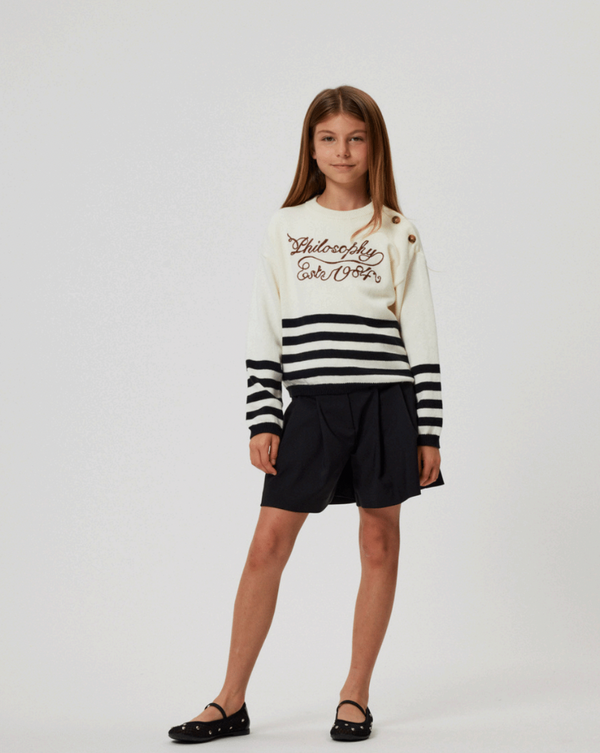 Cream and Black Striped Logo Sweater