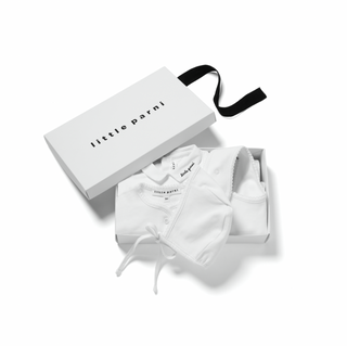White Baby Collar Footie with Cardigan + Bonnet