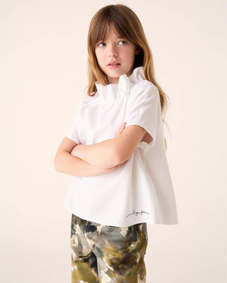 White Ruffle Neck Short Sleeve Blouse