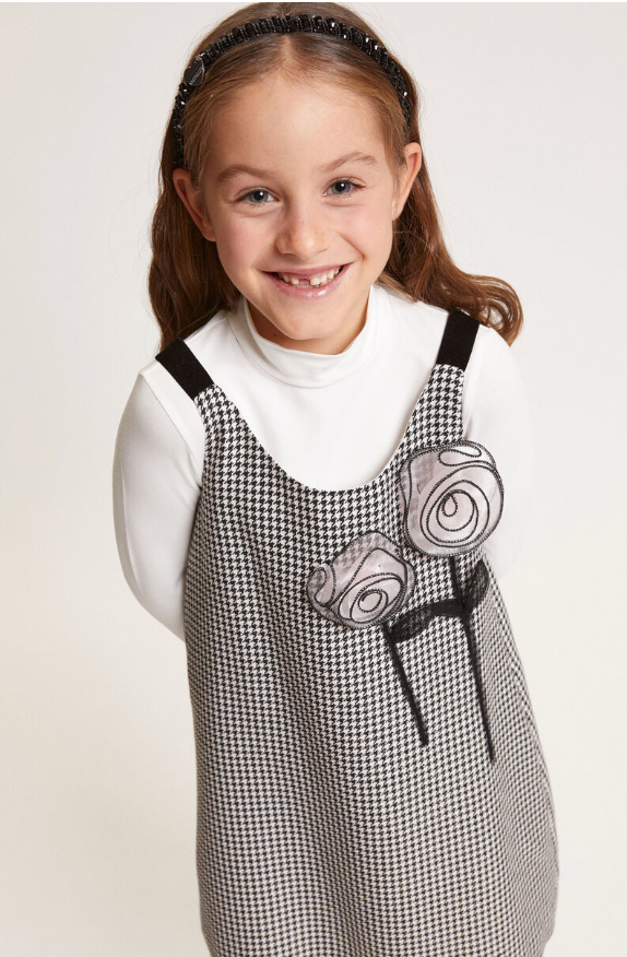 Cream and Black Herringbone 3D Flower Jumper Dress