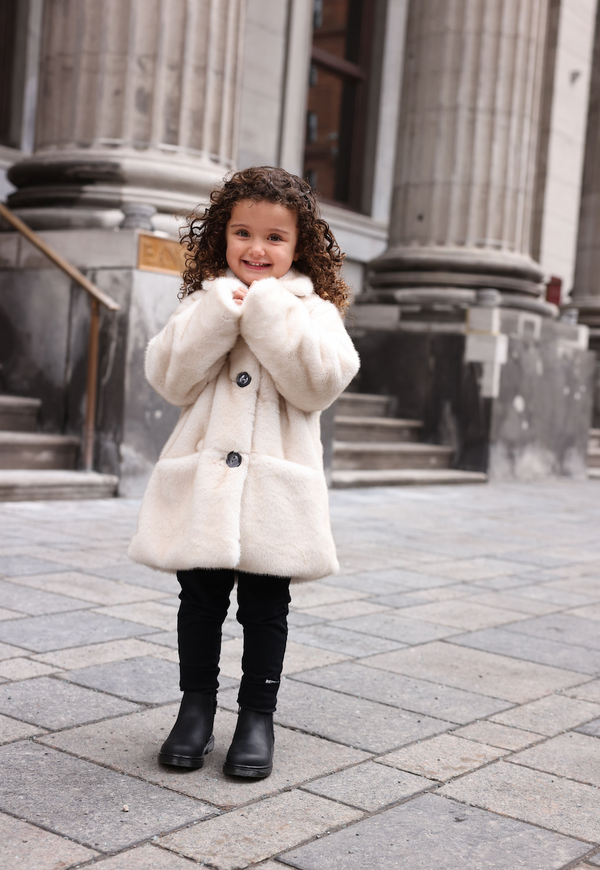Off White Knee Length Fur Coat