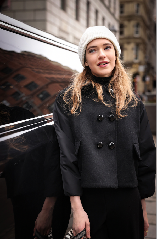 Black Double Breasted Wool & Nylon Jacket