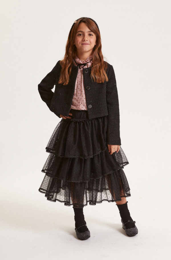 Black Tulle Tiered Midi Skirt