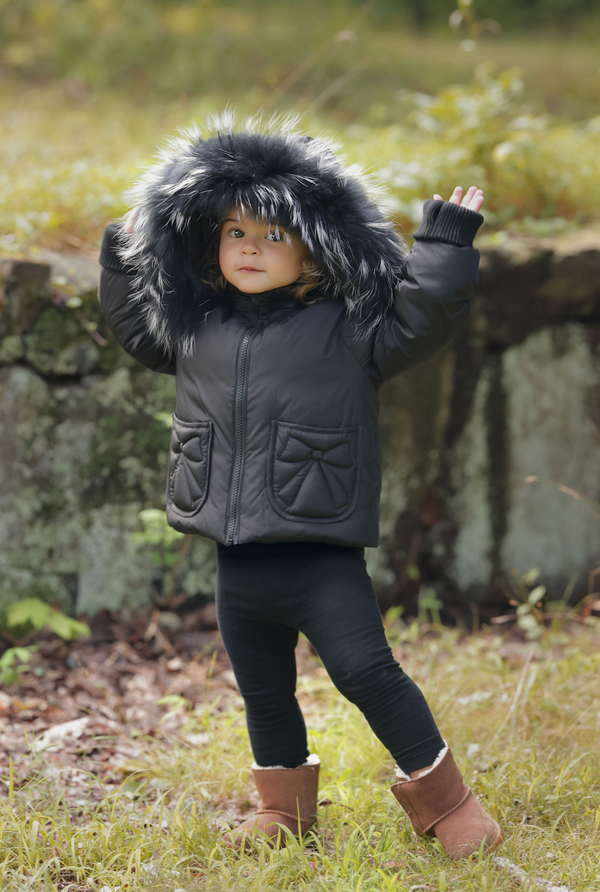 Black Bow Fur Hooded Winter Coat