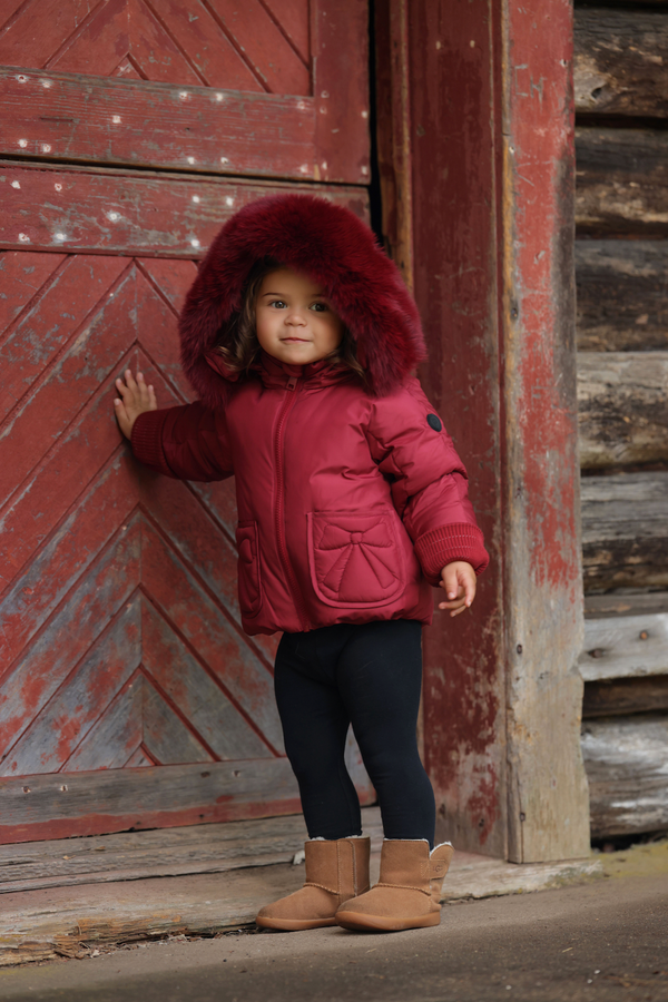 Red Bow Fur Hooded Winter Coat