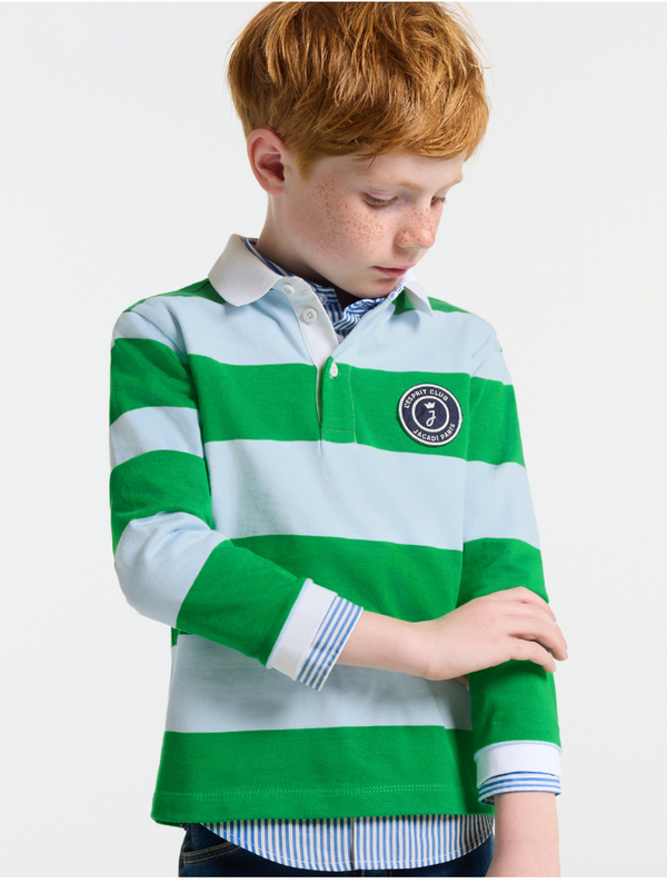Blue and Green Tanagra Long Sleeve Polo