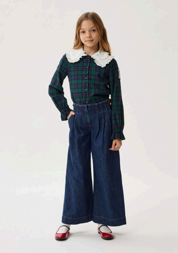 Green and Navy Plaid Frill Collar Blouse