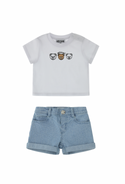 White Baby Bear Tee and Denim Shorts Set