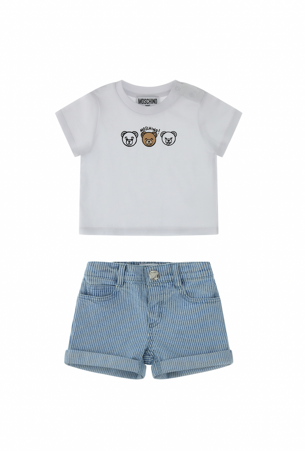 White Baby Bear Tee and Denim Shorts Set