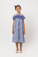 White and Blue Bow Striped Dress