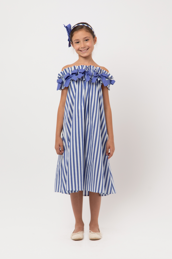 White and Blue Bow Striped Dress