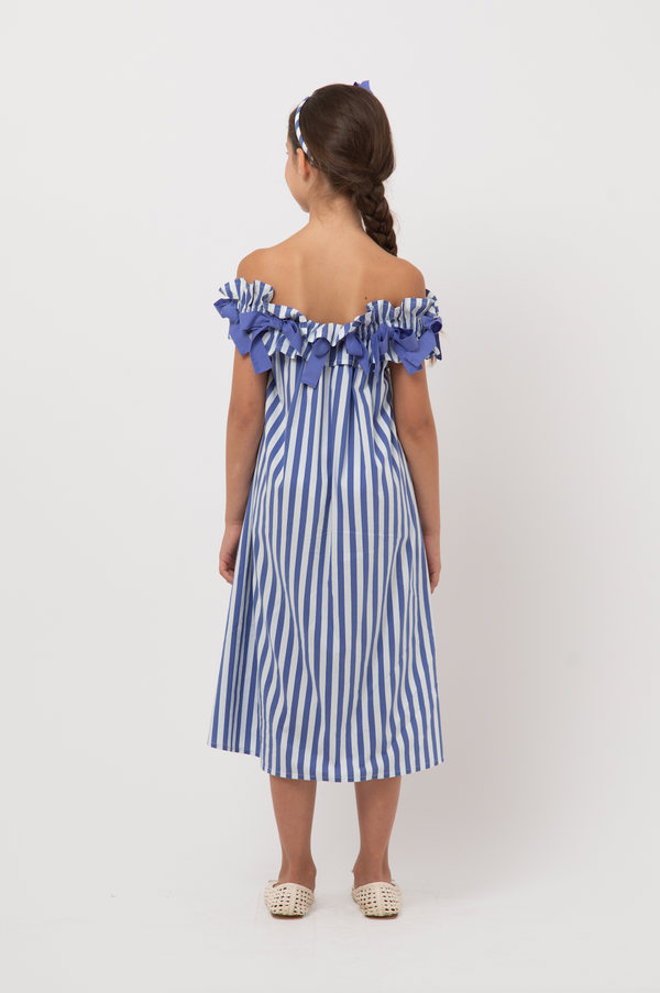 White and Blue Bow Striped Dress