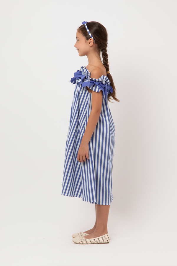 White and Blue Bow Striped Dress