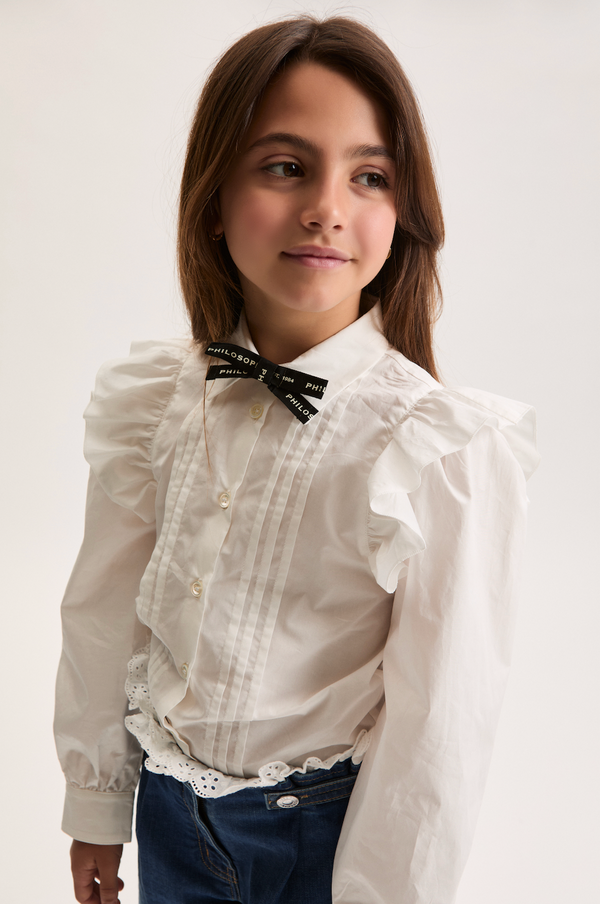 White Poplin Logo Neck Tie Blouse