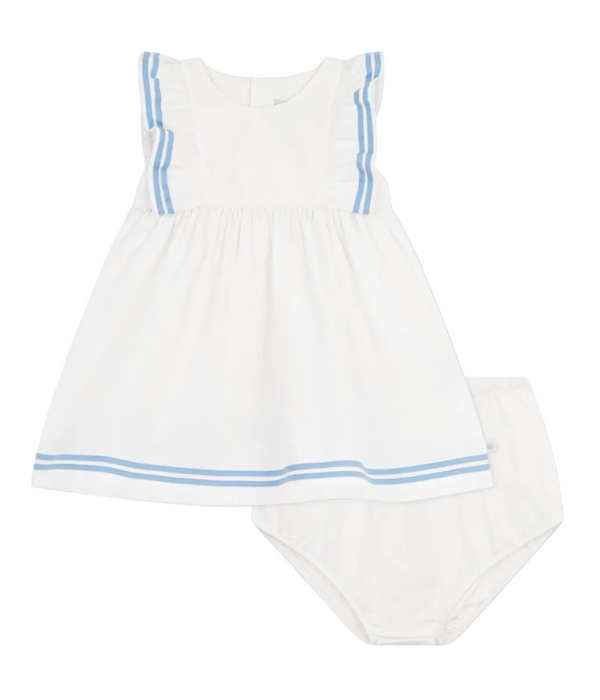 White Baby Blue Striped Trim Dress