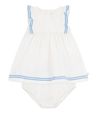 White Baby Blue Striped Trim Dress