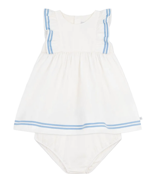 White Baby Blue Striped Trim Dress