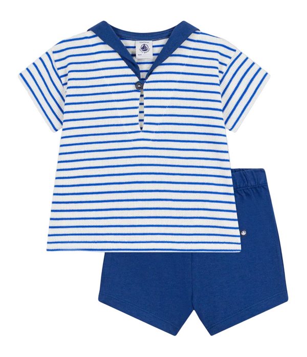 White and Blue Baby Stripe Tee and Shorts Set