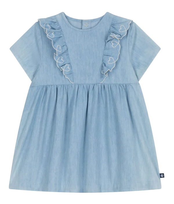 Light Blue Baby Chambray Heart Ruffle Dress | The Red Balloon Light Blue Baby Chambray Heart Ruffle Dress | The Red Balloon
