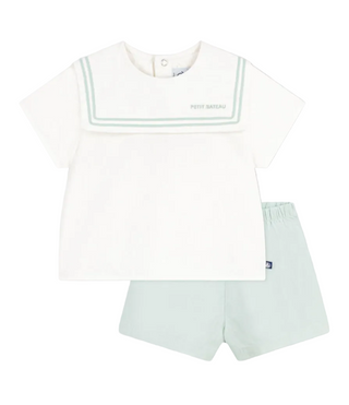 White and Green Baby Linen Sailor Shorts Set