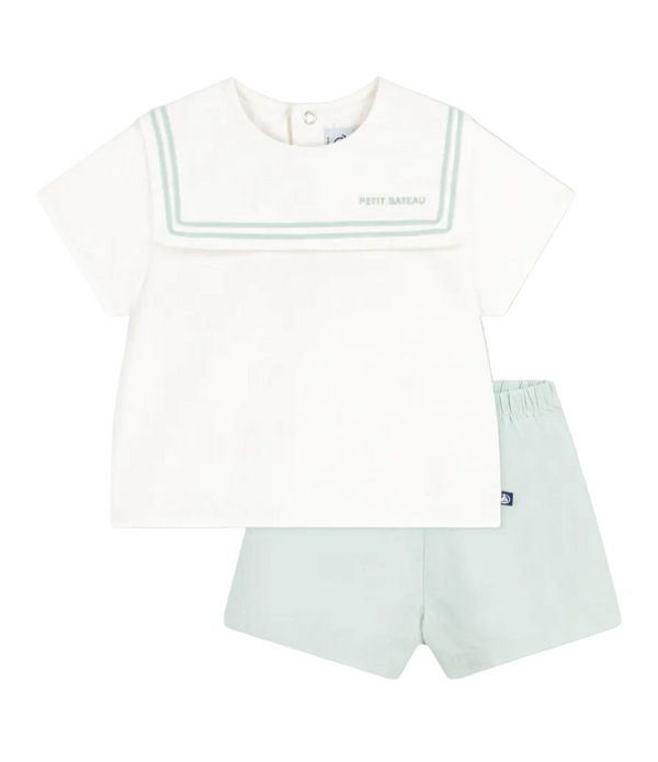 White and Green Baby Linen Sailor Shorts Set