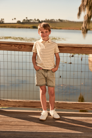 Grey and Ivory Wide Striped Polo