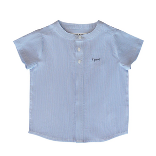 Navy Striped Short Sleeve Collarless Shirt