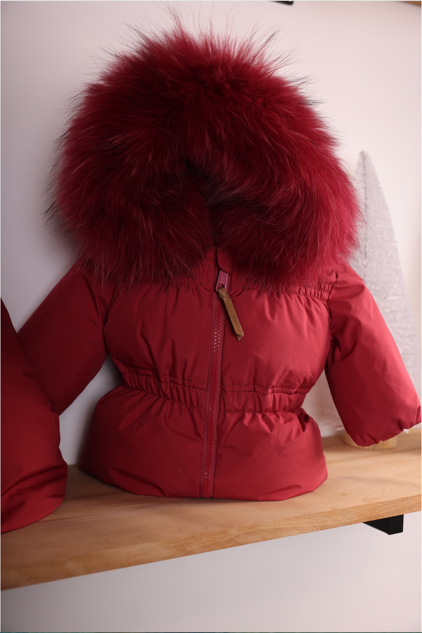 Cherry Gathered Fur Hooded Coat