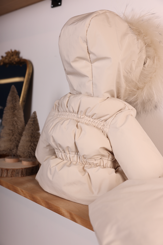 Beige Gathered Fur Hooded Coat