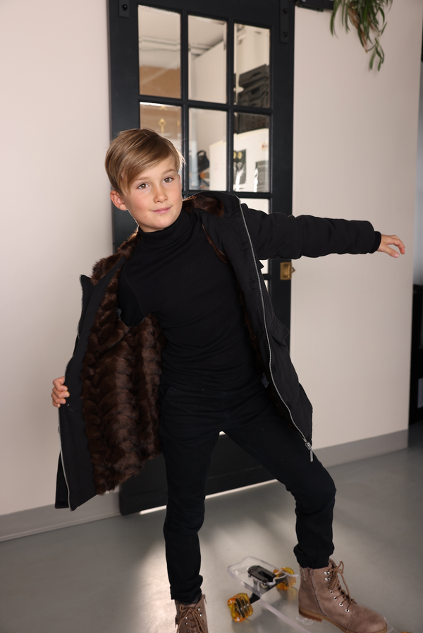 Boys Black with Brown Fur Lined Coat